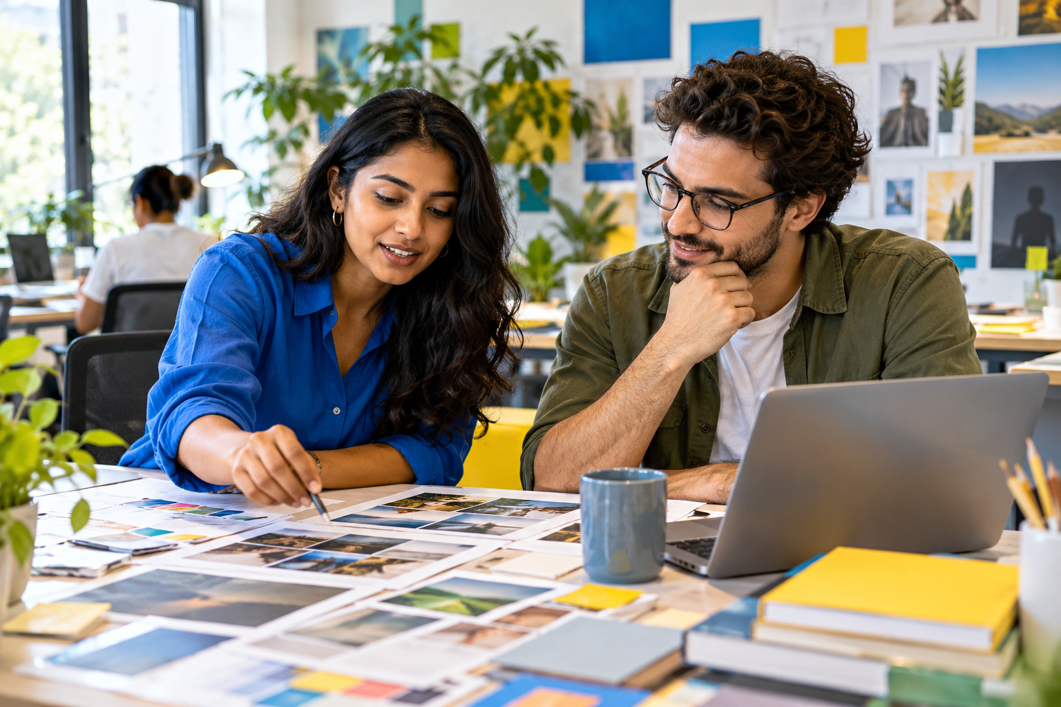 Marketing professionals collaborating on campaign ideas in a bright creative studio